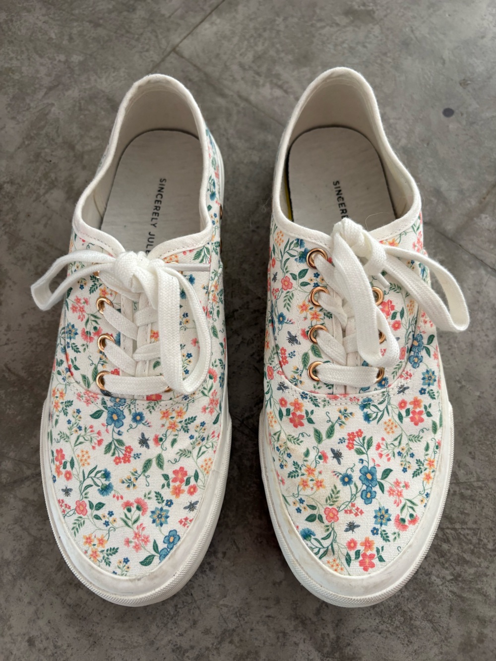 Sincerely Jules sneakers  colorful floral print pattern and white laces